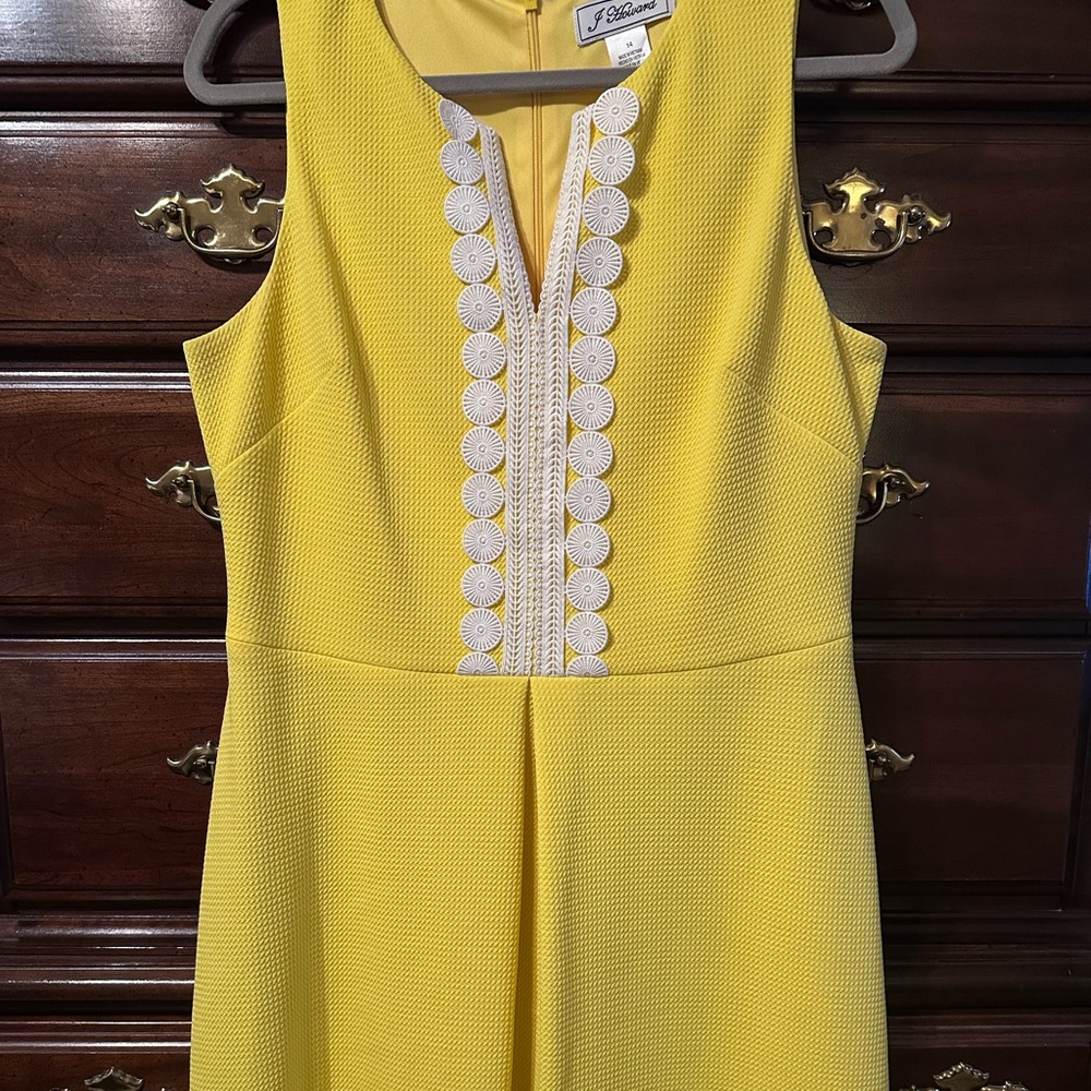 J Howard knee length yellow dress with embroidered neckline.